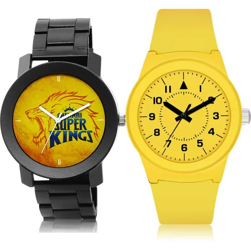 NEUTRON Classical Quartz Chennai Super Kings Squad (Csk) Ipl Chain And Kids Black And Yellow Colour Analog Metal And Plastic Belt 2 Watch Combo For Boys And Men - IPL11-BM122