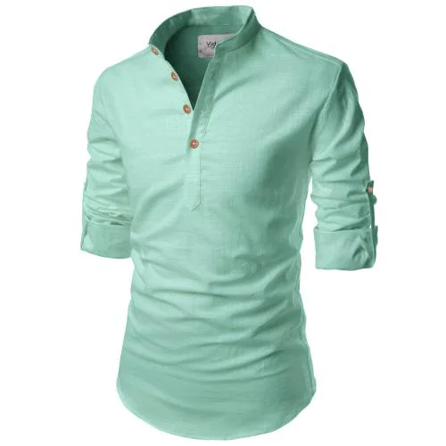 Vida Loca Cotton Pista Blue Color Full Sleeve Casual Mandarin/Chinese Collor Slim Fit Short Kurta For Men and Boys