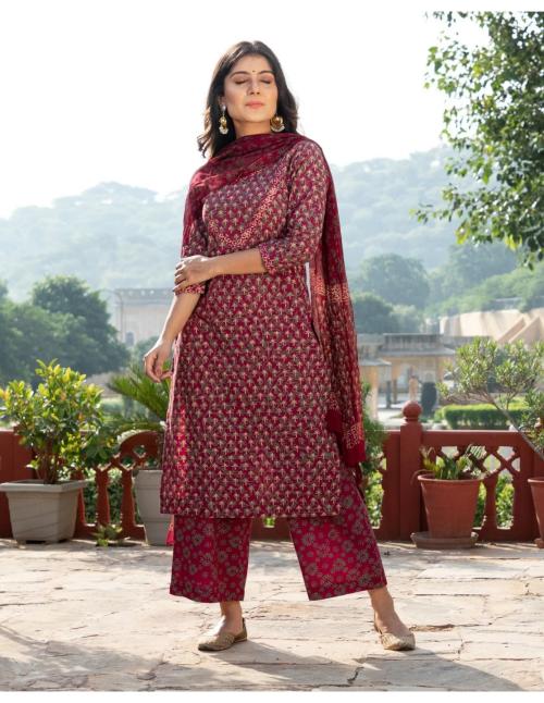 GoSriKi Women's Cotton Blend Maroon Straight Floral Printed Kurta with Palazzo & Dupatta