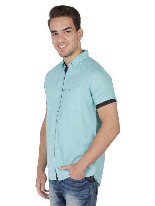 Kuons Avenue Men's Turquoise Linen Cotton Half Sleeves Shirt