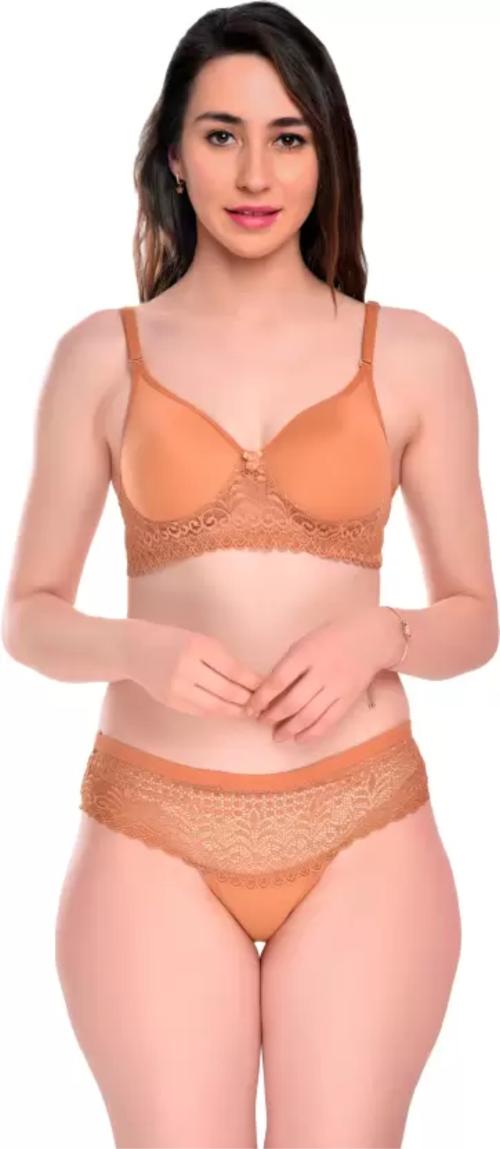N-KUWARI Women's Cotton Lace Net Honeymoon Lingerie Set | Bra & Panty Set-Brown - (36B)