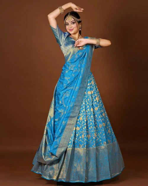 HALFSAREE STUDI Light Blue Banarasi silk Zari woven Lehenga for Women