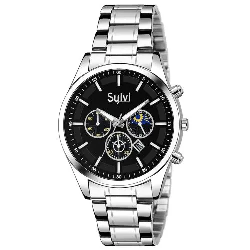 Sylvi Analog Black Dial Silver Strap Watch For Men