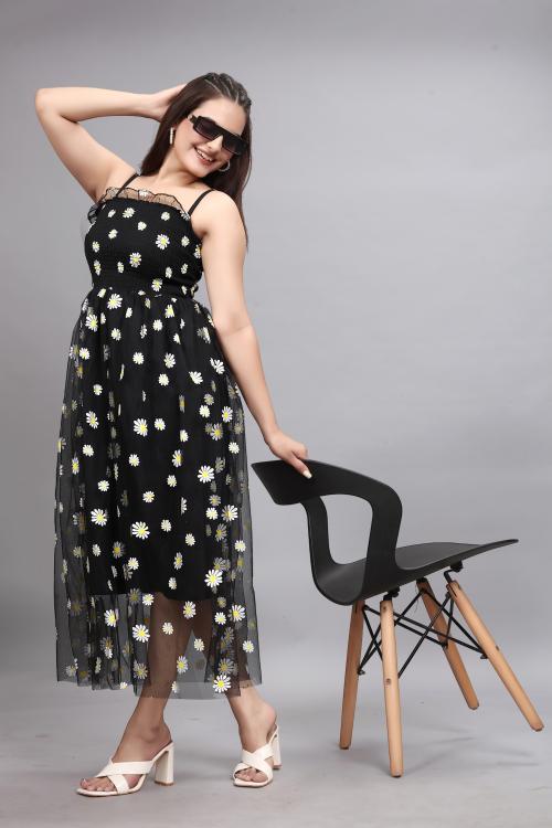 C.J FABRICS Women's Flower Print Net Black Dress