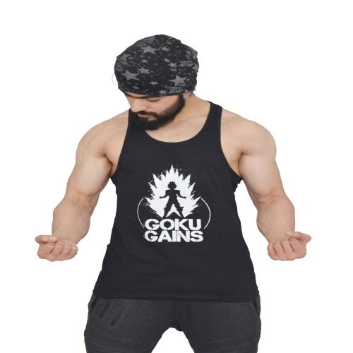 Anax Aesthetics Men's Sleeveless Cotton Gym Vest, X Dragon Ball Z Grafiko Series Goku Gains Stringer, Sando, Casual Tank for Mens(XX-Large (44), Color : Shadow Black & White)