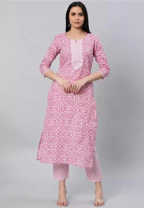 Purple Sky Cotton Blend 3/4 Sleeve Round Neck Printed Regular Wear Kurta Set for Women’s (Pink)