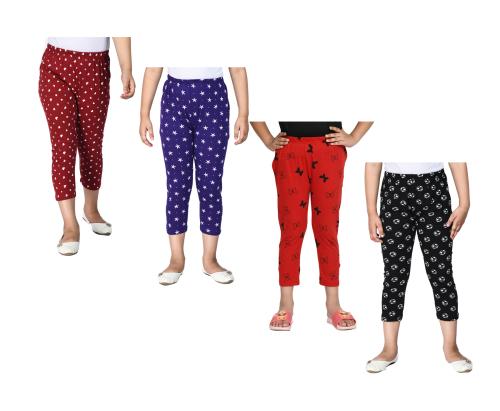 KAYU Girls Cotton Printed Capri 3/4th Pants Summer Wear [Pack of 4]