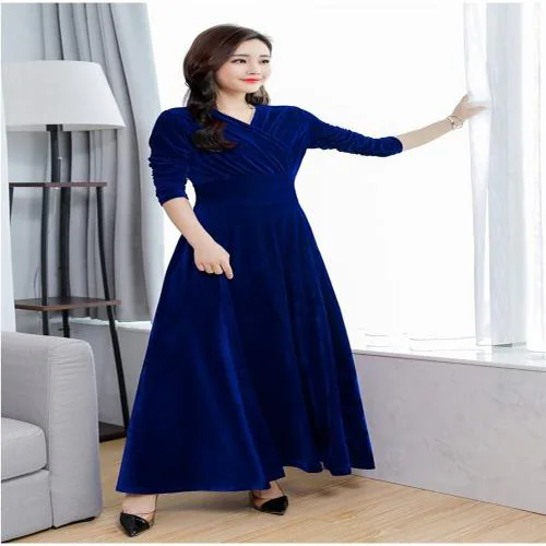9ZEUS Women Gown Dress | Maxi/Full Length Solid Velvet Fabric Dress(Size-S)