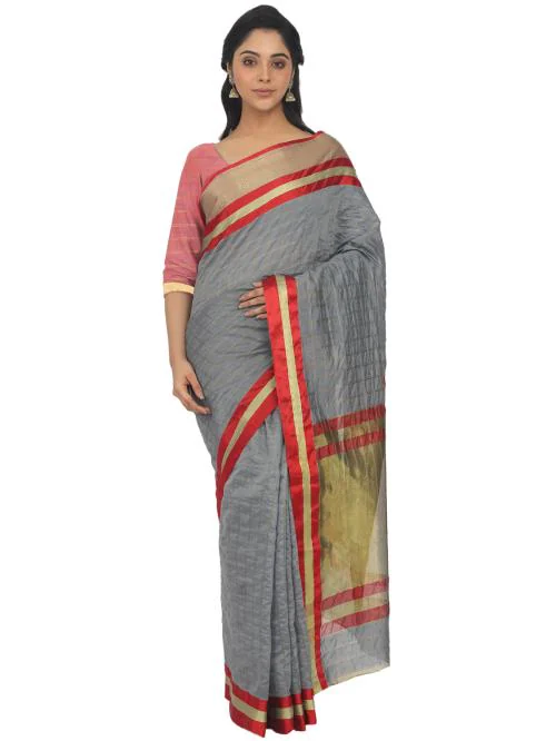 Leeza Store Women Maheshwari Silk Blend Golden Zari Woven Checkered Pattern Saree with Unstitched Blouse Piece