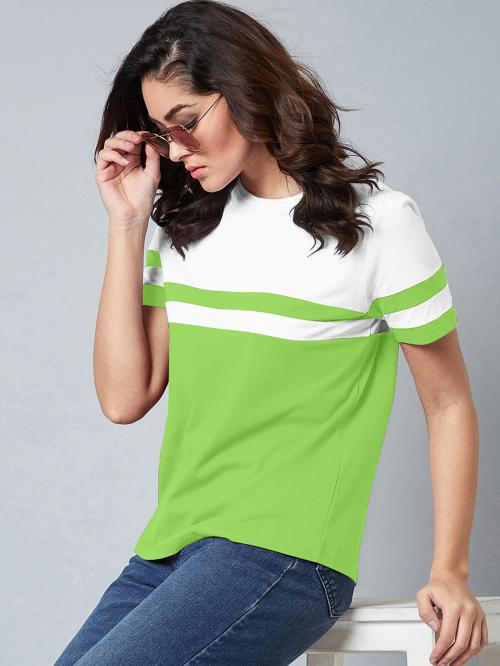 Gespo Neon Green & White Colorblocked Round Neck Half Sleeve Casual T-Shirt