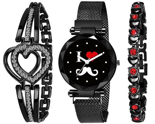 Rustet Multicolour Analogue Moustache Magnet Watch With Valentine Gift Bracelet For Women And Girls Combo of 3 (MG111)
