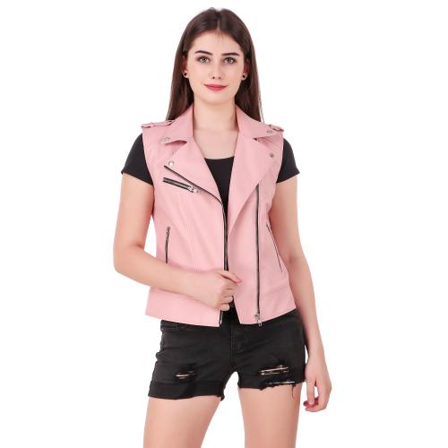 Leather Retail Pink Colour Cut Sleeve Girls Faux Leather Jacket