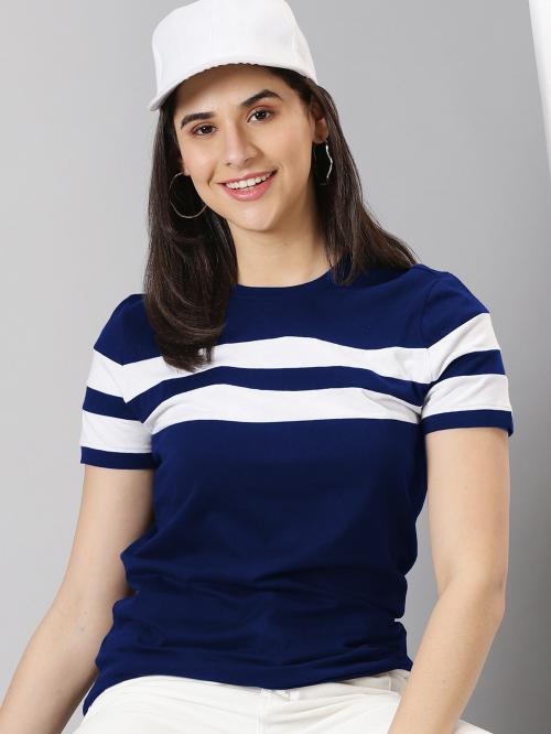 AUSK Women Navy Blue & White Colorblocked Round Neck Half Sleeve Casual T-Shirt