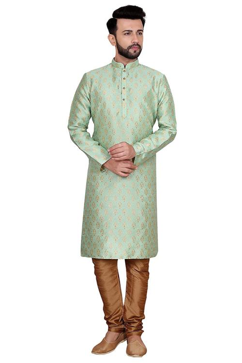 HEORA Mens Pista Green Silk Blend Kurta Pyjama Set for Ethnic and Designer Wear