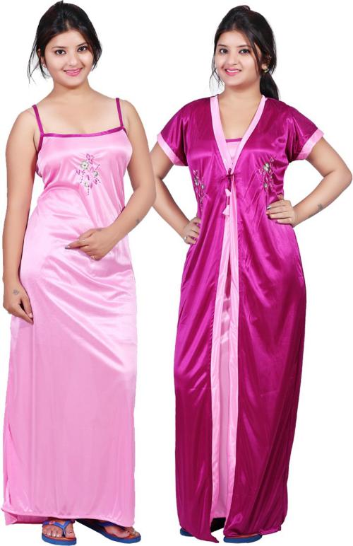 Loody'S Women Pink Embroidered Satin Set Of 2 Nighty With Robe (Free