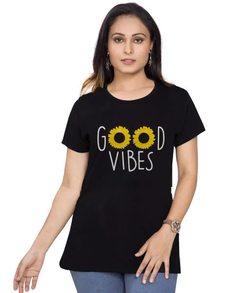 PEPP N HAGG Ladies 100% Cotton 180 GSM Black Half Sleeve T-Shirt-GOOD VIBES