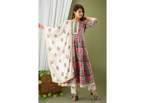 MRIGNAYANI Women Multicolor Printed Cotton Blend Kurta With Pyjama and Dupatta Set (XL)