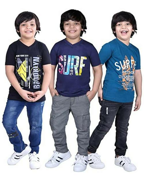 TotzTouch Boys Blue Black Purple Graphic Print Cotton Tshirt (Pack of 3)