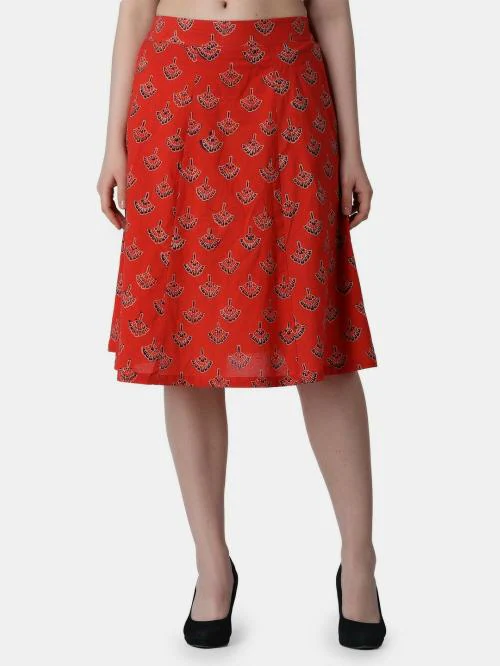 Popwings Casual Red Ethnic Print A Line Knee Length Skirt For Women | Women Latest Design Skirt | Women Stylish Skirt | Skirts For Women Western Wear