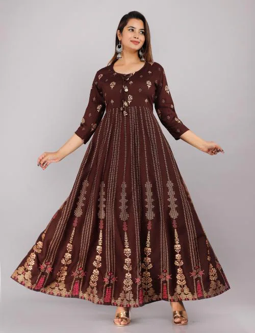 ANNEIV Women Printed Viscose Rayon Anarkali Kurta (Brown)