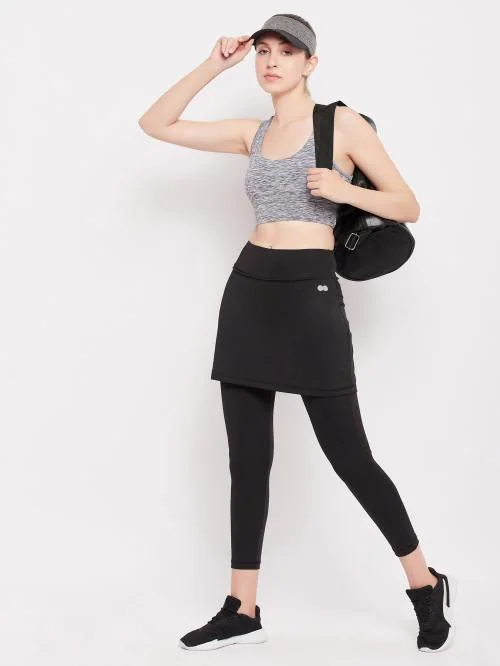 Clovia Snug-Fit High Rise Active Skirt with Attached Tights in Black