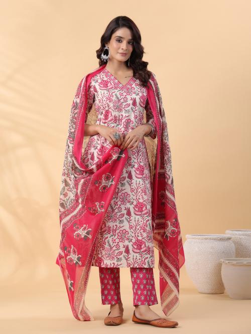 Janasya Women's Off White Pure Cotton Floral Printed Straight Kurta Set