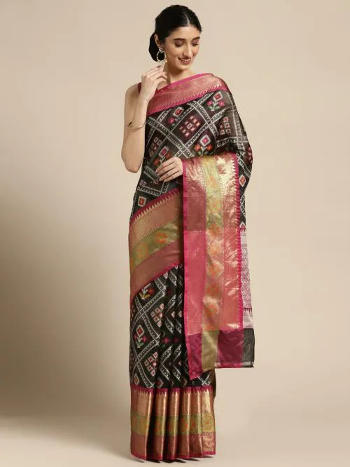 PTIEPLBanarasi black & magenta ikkat patola kanchi ikkat pattu border banarasi saree