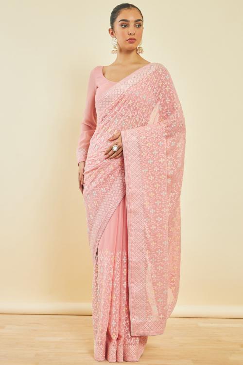 Soch Coral Georgette Embroidered Saree With Beads