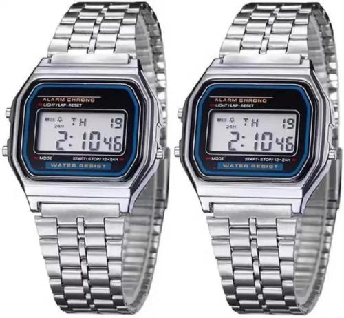 Qaliba Digital Silver, Silver Dial Silver Strap Watch For Boys And Girls (Pack Of 2)