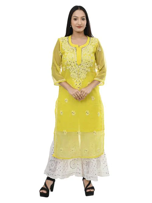 MRS RIGHT LUCKNOWI CHIKANKARI MIRROR EMBROIDRED GEORGETTE YELLOW KURTI