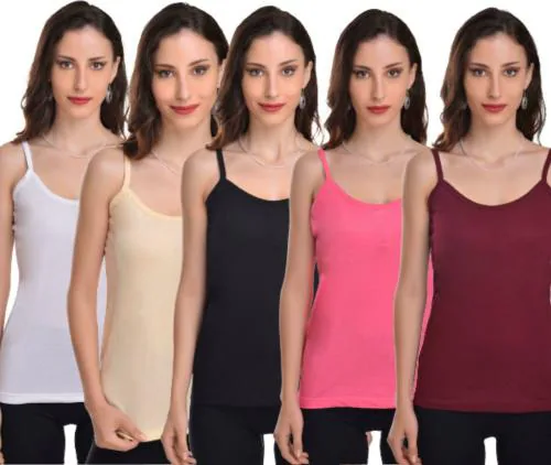 Crepeon Multicolor Women's Regular Fit 100% Cotton Camisole Plain Combo (Pack Of 5) S