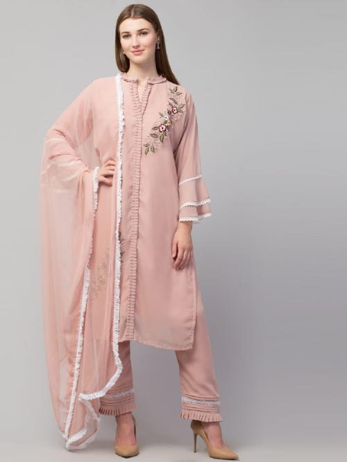 Mastan Fashion Women's Georgette Embroidered Bell Sleeves Kurta with Pant & Dupatta Set (Dusty Peach, XL)