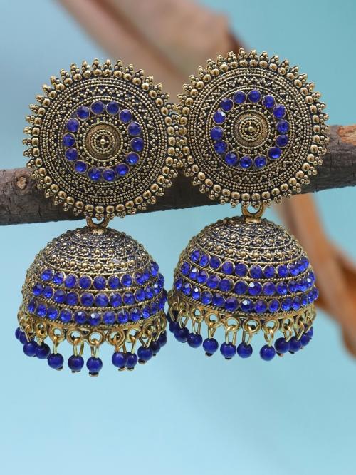 CRUNCHY FASHION Oxidised Gold-Plated Handcrafted Blue Stone Jhumka Earrings
