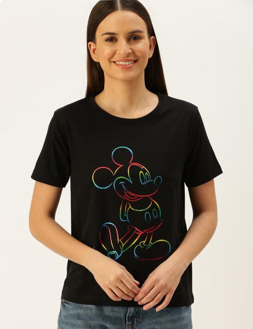 The Youth Mantra Women Black Mickey Mouse Printed Extended Sleeves T-shirt