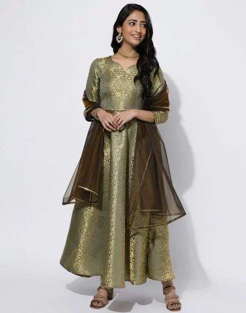 Skylee Women's Gold & Grey Color Art Silk Kurta Set with Dupatta