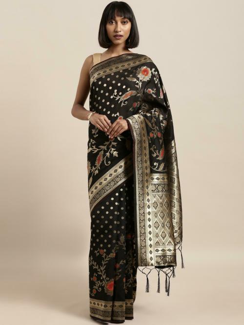 Sainoor Women Free Size Black Woven Design Silk Blend Banarasi Saree