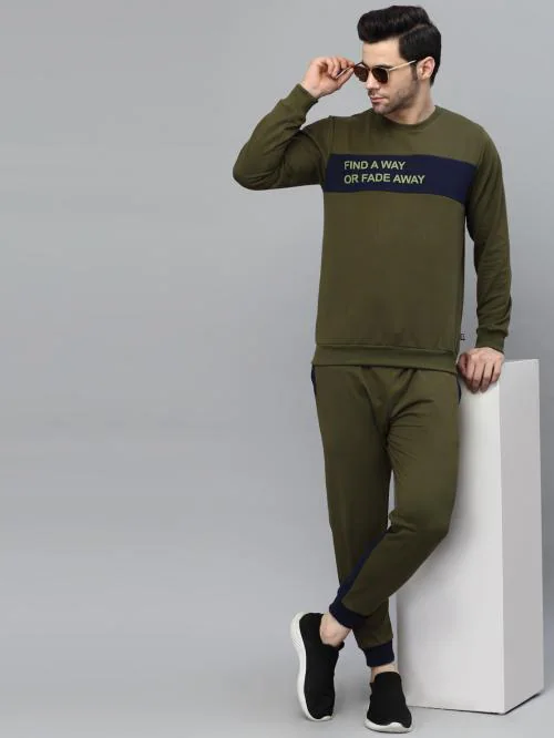 Rigo Men Army Green Printed Round Neck Tracksuit