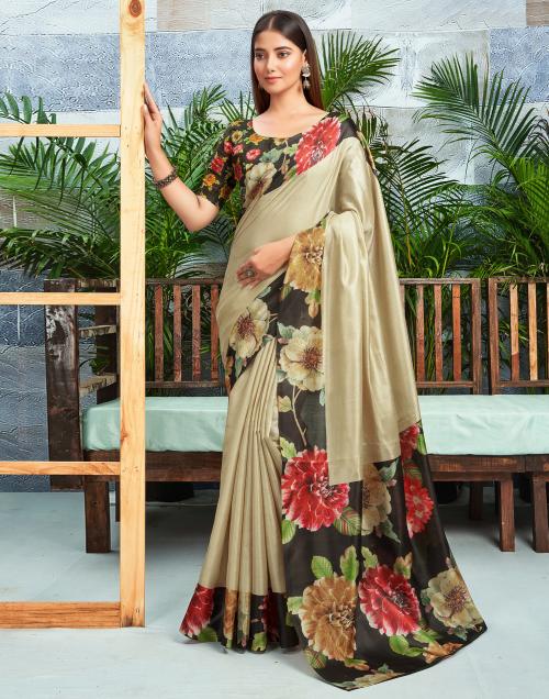 Siril Silk Blend Black & Cream Color Saree with Blouse piece