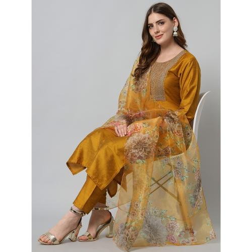 Grubstaker Mustard Embroideried Kurta Set With Dupatta