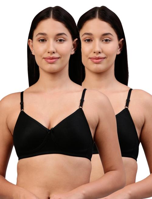 FEELINGS Dazzle Solid Black Full Coverage Non Padded All Day Long Essential Bra for Women-Pack of 2