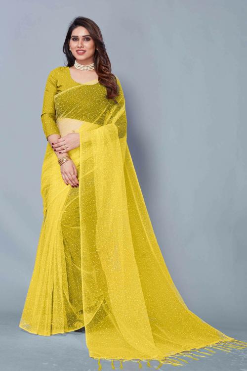 Jay Shree Womens Self Design Solid Net Saree Yellow