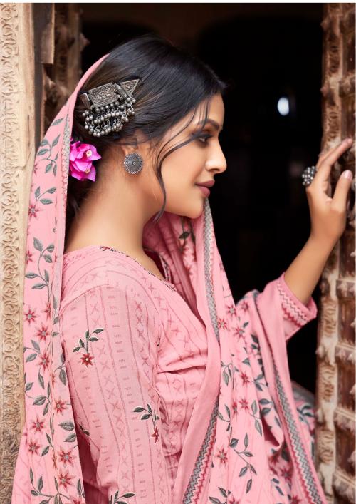 THE JAZZBAAT Women's Printed Embroidered Unstitched Pure Cotton Suit Material with Pure Nazneen Chiffon Chunni (Peach Pink) Unstitched Dress Material For Women (Pink)