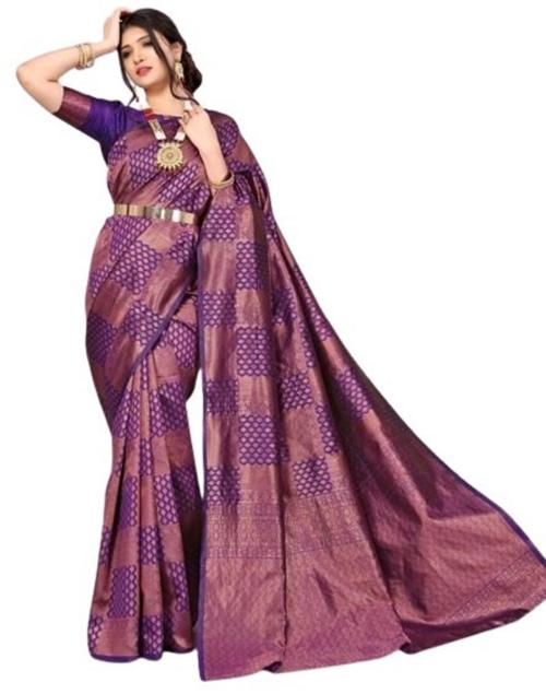 NESHVI ENTERPRISE Violet & Gold-Toned Woven Design Banarasi Saree