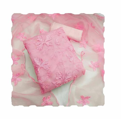 Fashionfrik Organza Sequence Embroidery Work Unstitched Salwar Suit Dress Material With Work Dupatta -Pink