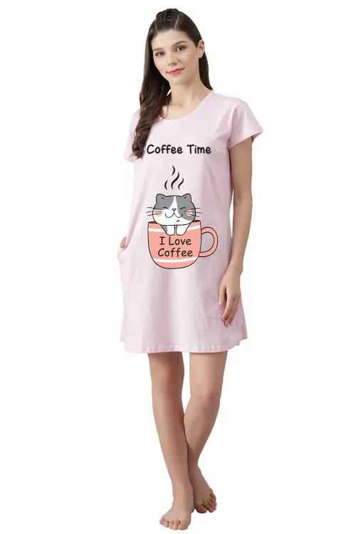FflirtyGo Women's Pink Color Coffee Time Printed Cotton Short Nighty