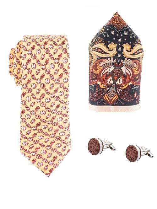 The Tie Hub Cream and Brown Silk and Brass Necktie,Pocket Square and Cufflink