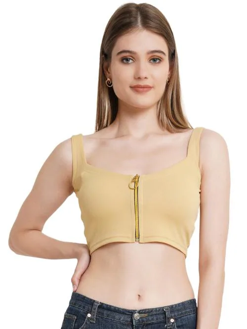 Popwings Casual Sleeveless Skin Cream Solid Crop Top for Women ! Solid Cream Zipper Girls Croptop in Fashion