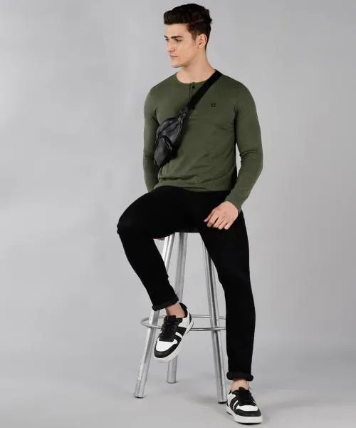 Urbano Fashion Men's Dark Olive Green Solid Henley Neck Slim Fit Full Sleeve Cotton T-Shirt