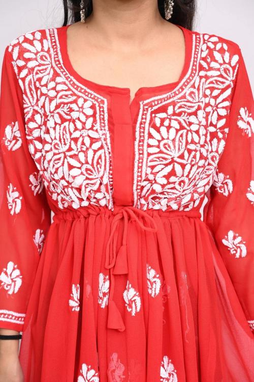 Sparkee Darkee Women Red Georgette Short Gown Chikankari Kurti (S)