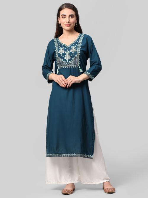 Aaysa Women Embroidered Viscose Rayon Straight Kurta (Blue)